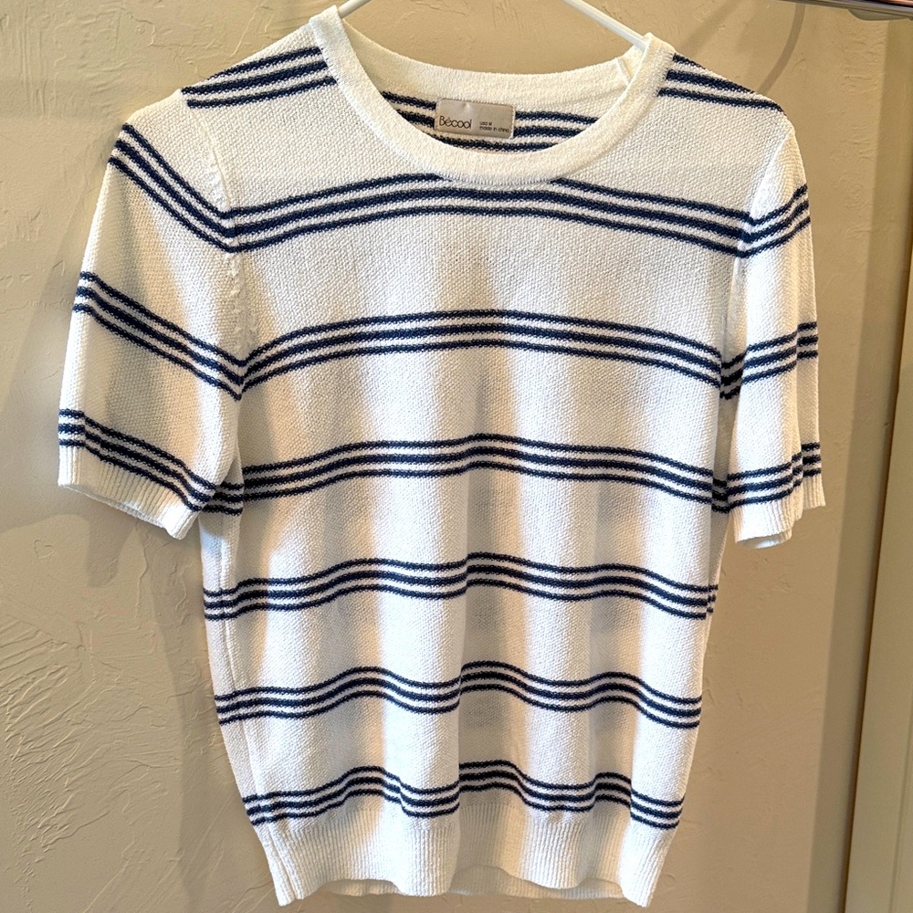 White and Blue Striped Short Sleeve Sweater